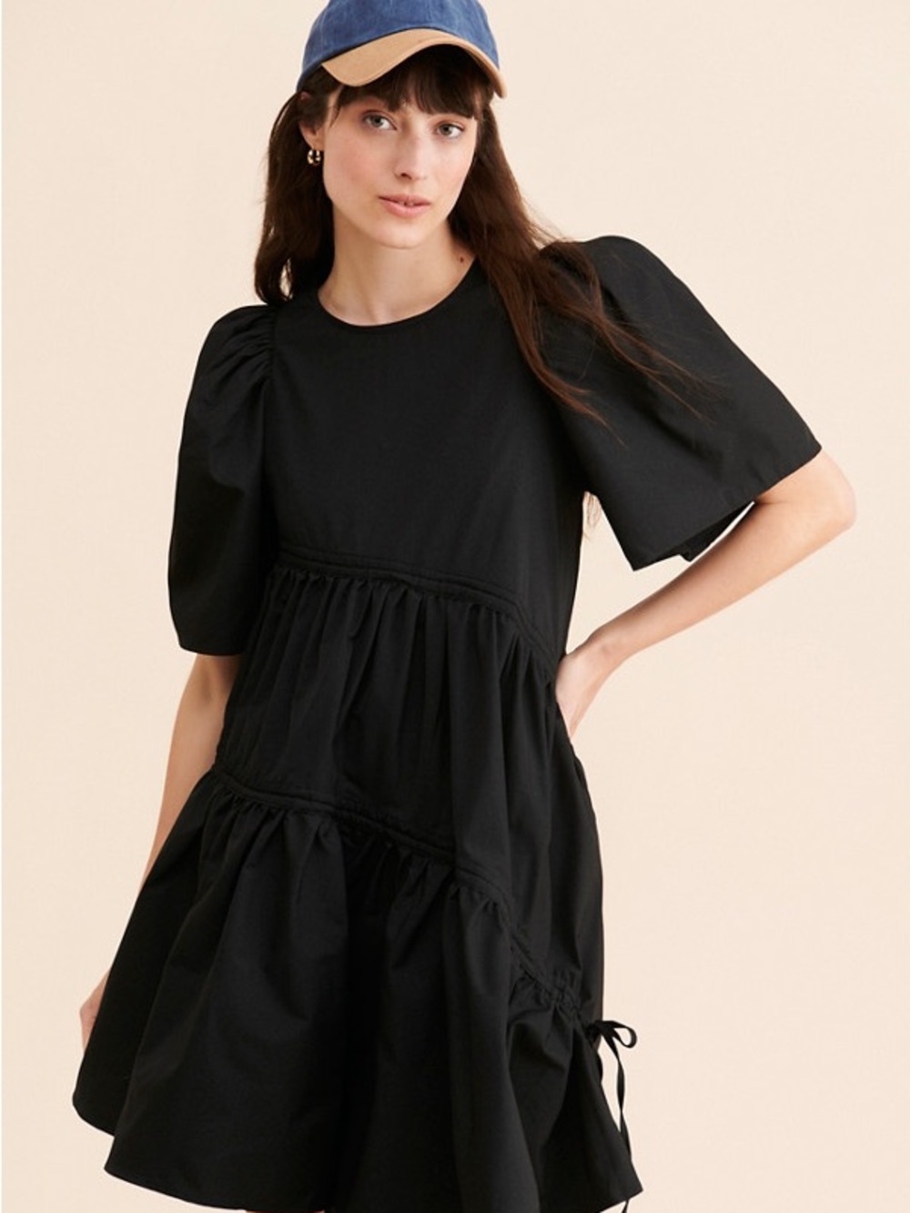 Black Puff-Sleeve Tiered Mini Dress